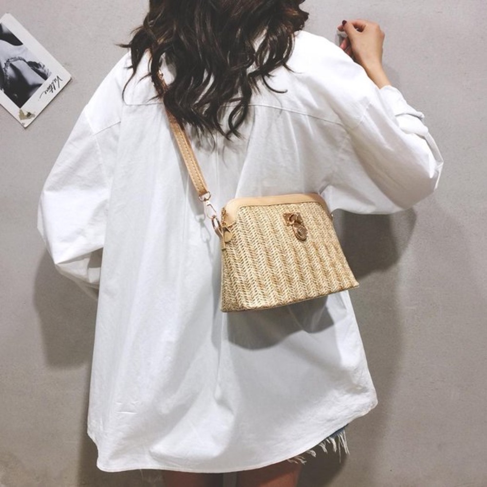 Straw and Vegan Leather Trim Boho Crossbody - Picture 3 of 7